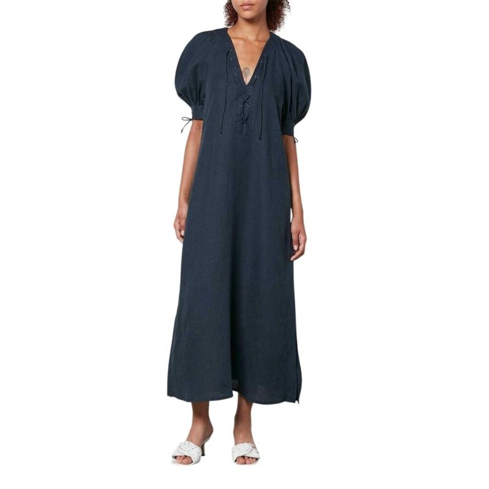 Sleeper Womens/Ladies Linen Blend Puff Sleeve Maxi Dress / Navy